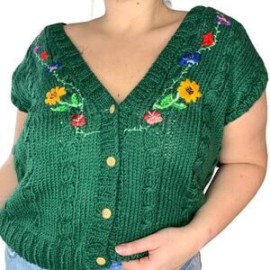 Green Floral Cable Knit Sweater Vest Cardigan Jumper Cottage Garden